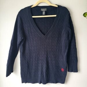 Ralph Lauren Polo Navy Blue Deep Vneck 100% Cotton Preppy Knit Sweater Black